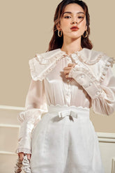 High-waisted linen-silk blend tailored shorts with scalloped hem and bow detail
